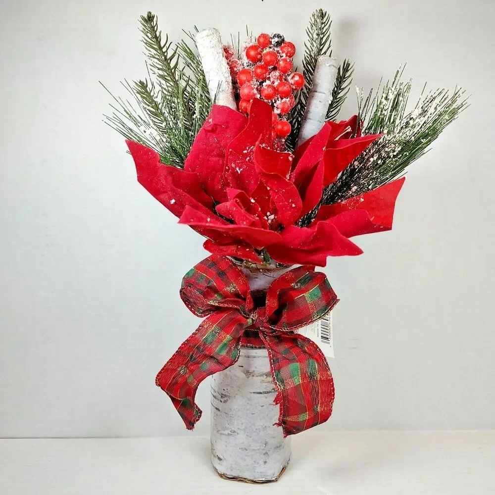 Red Plaid Holiday Christmas Flower Floral Bouquet Arrangement Poinsettia Birch